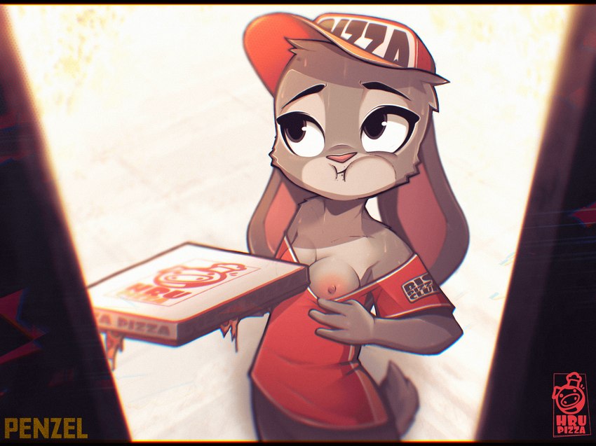 anthro areola breasts chewing clothing clothing_pull delivery_(commerce) delivery_employee delivery_uniform exposure_variation female food food_carrier food_delivery hat headgear headwear nipples pizza pizza_delivery pizza_delivery_carrier presenting presenting_breasts shirt shirt_pull solo teasing topwear topwear_pull uniform penzel disney zootopia judy_hopps european_rabbit lagomorph leporid mammal oryctolagus rabbit hi_res