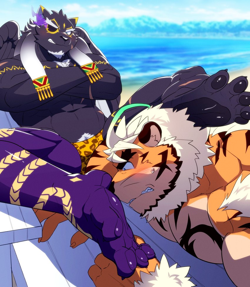 abs anthro beach black_body black_fur blush clothing duo embarrassed feet foot_fetish foot_sniffing fur hair_tassels male male/male muscular muscular_anthro muscular_male orange_body orange_fur pawpads pecs seaside sniffing speedo striped_body striped_fur stripes swimwear seecle lifewonders tokyo_afterschool_summoners hombre_tigre_(tas) tezcatlipoca_(tas) felid mammal pantherine tiger absurd_res hi_res