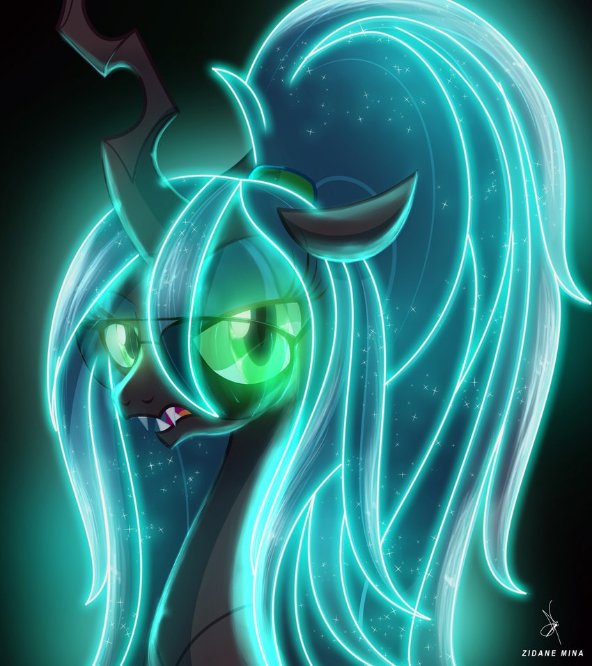 alternate_hairstyle black_background eyeshadow eyewear fangs female glasses glowing green_eyes green_eyeshadow green_hair hair horn long_hair looking_at_viewer makeup neon ponytail sharp_teeth simple_background solo sparkles teeth white_background zidanemina friendship_is_magic hasbro my_little_pony queen_chrysalis_(mlp) arthropod changeling absurd_res bust_portrait hi_res portrait