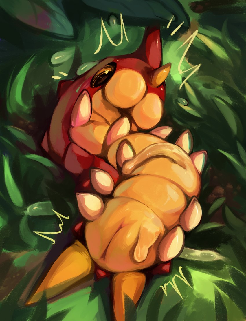 arthropod_abdomen arthropod_abdomen_genitalia bodily_fluids cum detailed_background female feral genital_fluids genitals horn lying on_back orange_eyes outside plump_labia pussy red_body solo sweat sweatdrop yellow_body metalisk nintendo pokemon generation_3_pokemon pokemon_(species) wurmple 2021 absurd_res digital_media_(artwork) hi_res