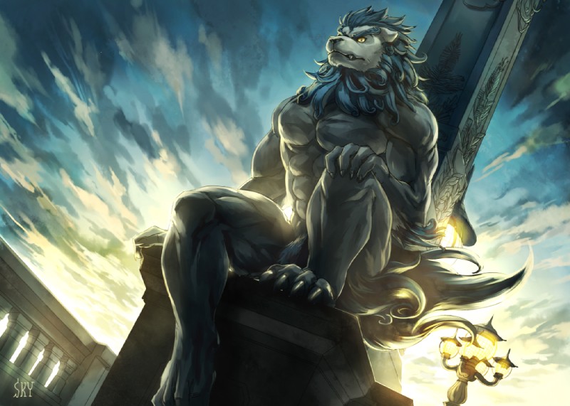 abs anthro biceps big_muscles biped black_nose blue_hair claws cloud fur grey_body grey_fur hair hand_on_knee hand_on_leg male muscular muscular_anthro muscular_male nude obelisk outside paws pecs sitting sky solo teeth toe_claws yellow_eyes sky_gomi felid lion mammal pantherine