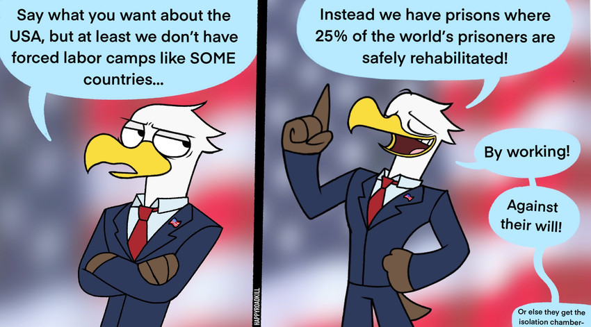 anthro beak clothed clothing crossed_arms dialogue duo male open_mouth open_smile political_cartoon politics smile standing suit text united_states_of_america happyroadkill eric_eagle accipitrid accipitriform avian bald_eagle bird eagle sea_eagle 2021 comic digital_drawing_(artwork) digital_media_(artwork) english_text flat_colors hi_res