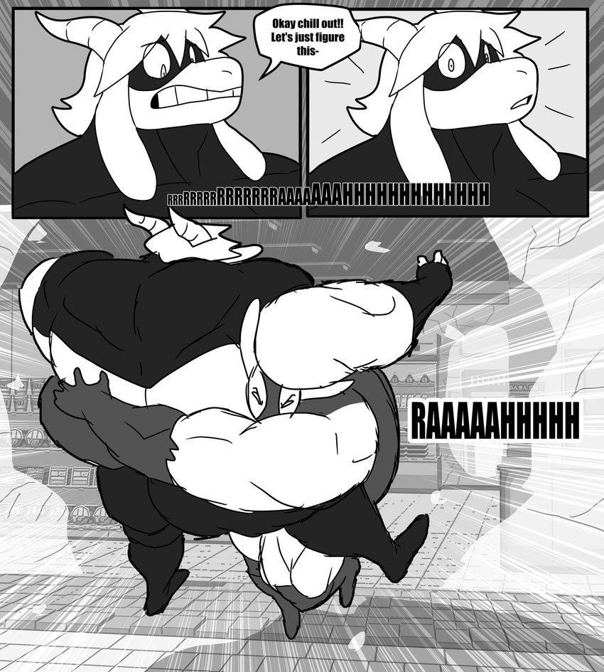 anthro destruction dialogue duo fight head_tuft horn male mask muscular muscular_anthro muscular_male superhero tackle text tuft violence parttimeyeen_(artist) gabriel_(parttimeyeen) tristen_(parttimeyeen) bovid caprine goat lagomorph leporid mammal rabbit comic english_text greyscale hi_res monochrome