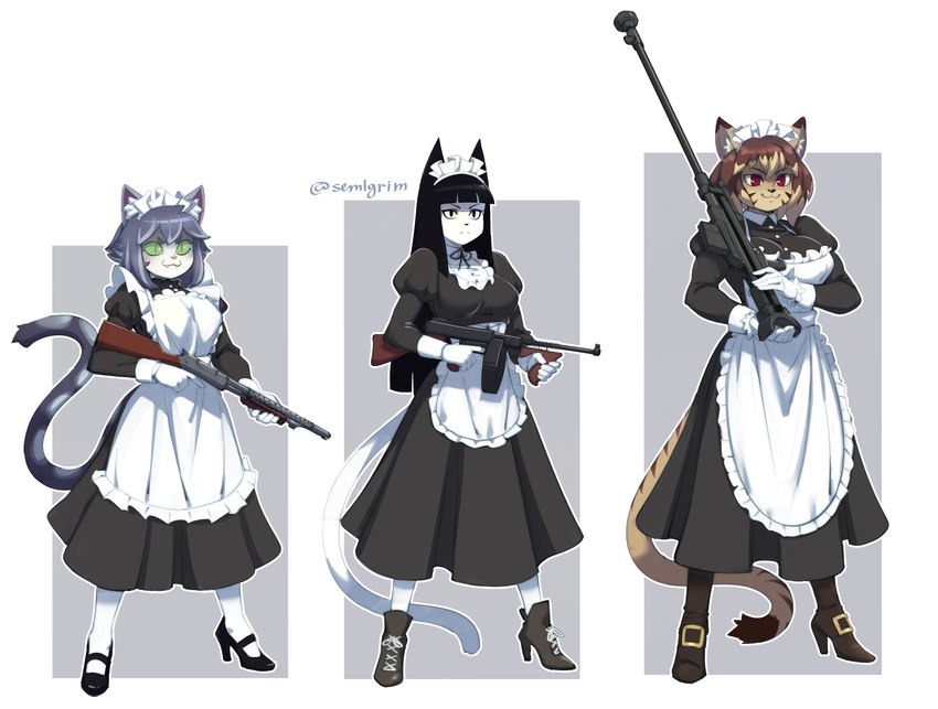 5_fingers :3 anthro anti-tank_gun anti-tank_rifle bangs big_breasts black_hair boots breasts brown_hair cleavage clothed clothing dipstick_ears dipstick_tail ear_markings fangs female fingers footwear fur gloves green_sclera grey_body grey_fur grey_hair group gun hair handwear high_heeled_boots high_heels highlights_(coloring) holding_gun holding_object holding_ranged_weapon holding_weapon inner_ear_fluff long_hair maid_headdress maid_uniform markings multicolored_ears ranged_weapon red_eyes rifle shoes short_hair simple_background size_difference smile spots spotted_markings spotted_tail striped_body striped_fur striped_markings striped_tail stripes submachine_gun tail tail_markings tan_body tan_fur teeth thompson_gun trio tuft uniform weapon white_background white_body white_fur sem-l-grim alyia_(dividebyezer0) kaylie_(sem-l-grim) mica_(zyndet_fierfly) domestic_cat felid feline felis mammal pantherine 2024 absurd_res hi_res signature