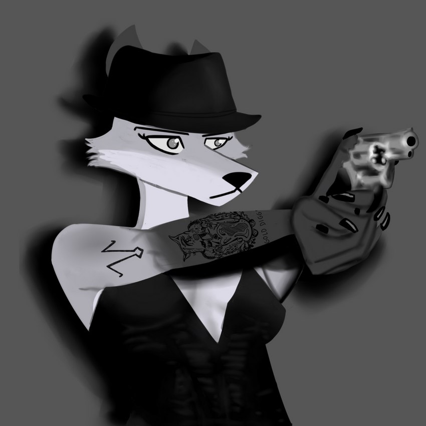 aiming anthro arm_tattoo black_clothing black_dress breasts clothed clothing colored_nails dress female fingers fur fur_tattoo grey_background gun handgun hat headgear headwear mafia marian_rousseau_(animal_conquest) nails photo photo_shoot ranged_weapon revolver serious_face shadow simple_background solo tattoo text weapon smokerfennek animal_conquest marian_rousseau canid canine canis fox mammal red_fox true_fox 1:1 2021 absurd_res black_and_grey black_and_white digital_media_(artwork) english_text greyscale half-length_portrait hi_res monochrome portrait shaded