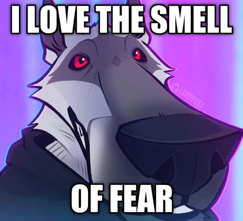 anthro big_nose big_snout black_sclera cloak close-up clothed clothing dialogue fur grey_body grey_fur humor male purple_background red_eyes simple_background smile snout solo teeth text tuft lampp0st do_it_stink dreamworks puss_in_boots_(franchise) death_(puss_in_boots) canid canine canis mammal wolf 2023 artist_name bust_portrait english_text hi_res icon image_macro impact_(font) lol_comments meme portrait reaction_image redraw