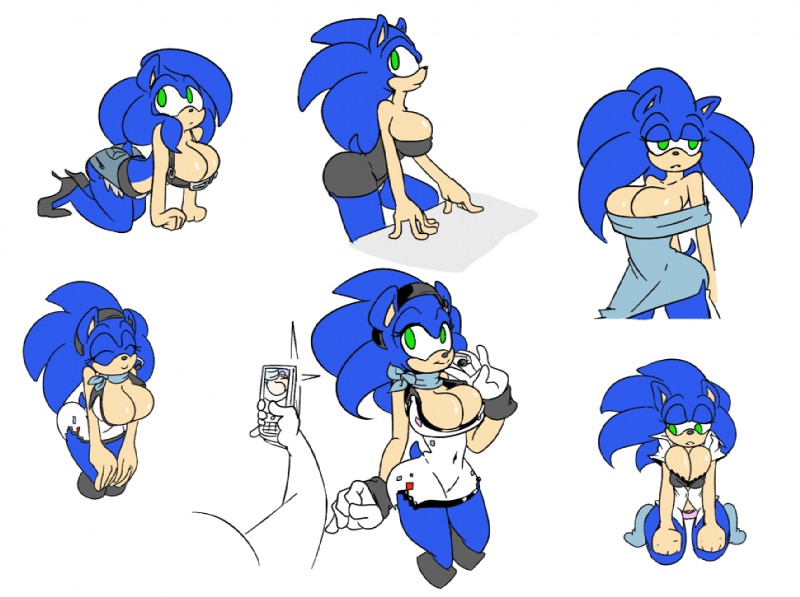 anthro anthrofied bar_phone big_breasts blue_body blue_fur blue_hair breasts cellphone cleavage clothed clothing crossgender electronics female fur green_eyes hair mtf_crossgender phone skimpy smile solo missphase sega sonic_the_hedgehog_(series) sonic_the_hedgehog eulipotyphlan hedgehog mammal