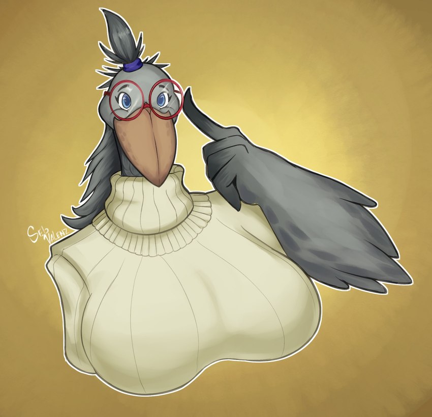 accessory anthro beak big_beak big_breasts blue_eyes breasts clothing curvy_anthro curvy_female curvy_figure eyewear feathered_wings feathers female gesture glasses grey_body grey_feathers hair_accessory hair_tie hand_gesture head_feathers looking_at_viewer mature_anthro mature_female orange_beak pointing raised_finger red_eyewear red_glasses simple_background slightly_chubby slightly_chubby_female smile smiling_at_viewer solo sweater topwear voluptuous_anthro voluptuous_female wings yellow_background seb_valenz sheila_(seb_valenz) avian bird pelecaniform shoebill hi_res