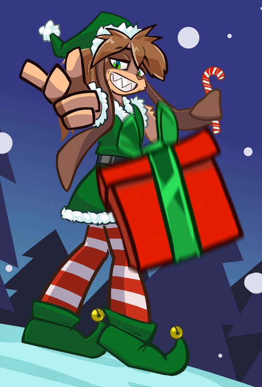 anthro brown_body brown_fur brown_hair candy candy_cane christmas_clothing christmas_present clothed clothed_anthro clothed_male clothing dessert elf_costume food fur gift green_eyes hair holidays legwear looking_at_viewer male night pattern_clothing pattern_legwear prehensile_ears sharp_teeth solo striped_clothing striped_legwear stripes teeth throwing aygee christmas woe_plague_be_upon_ye kheil_(supercell) lagomorph leporid mammal rabbit 2024 hi_res