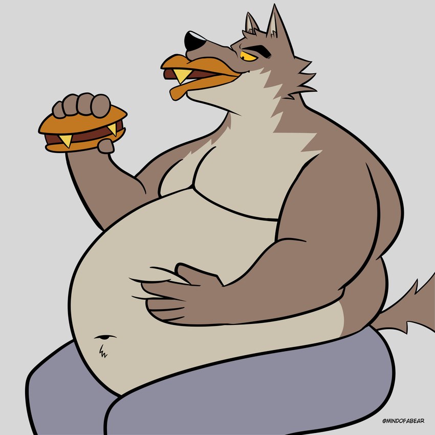 anthro belly belly_grab big_belly burger clothing food male moobs obese overweight overweight_male stuffing tight_clothing weight_gain mindof dreamworks fattytober the_bad_guys mr._wolf_(the_bad_guys) canid canine canis mammal wolf 1:1 absurd_res hi_res