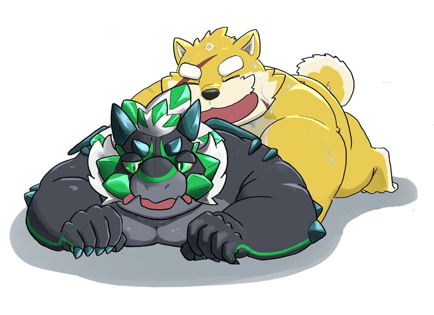 anthro black_body curled_tail duo facial_hair fur hair male male/male mustache nude pecs tail white_hair yellow_body yellow_fur panthera7uncia lifewonders live_a_hero phein procy canid canine canis domestic_dog mammal