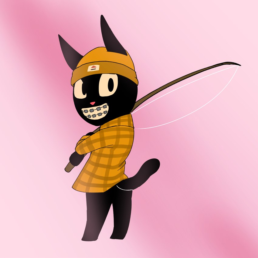 ambiguous_gender anthro beanie black_body black_fur braces clothing fishing_rod fur gradient_background hat headgear headwear looking_at_viewer pattern_clothing plaid plaid_clothing simple_background smile solo kaydd_draws webfishing braces_cat felid feline mammal 1:1 absurd_res colored hi_res