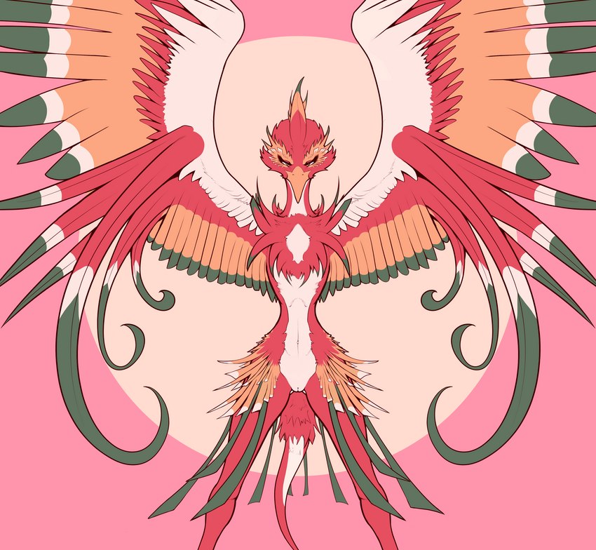 anthro beak countershading feathered_wings feathers female flat_chested front_view genitals glare green_eyes innie_pussy keel looking_at_viewer multicolored_body multicolored_feathers navel nude pose power_stance pussy red_body simple_background solo standing symmetry winged_arms wings xzorgothoth asian_mythology east_asian_mythology mythology avian bird mythological_avian mythological_bird mythological_creature mythological_fenghuang mythological_firebird 2023 absurd_res hi_res