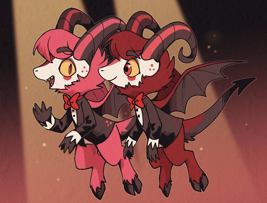 anthro biped clothed clothing duo eyebrows fur hooves horn male membrane_(anatomy) membranous_wings open_mouth open_smile pink_body pink_fur smile spade_tail tail wings dark_ishihara hazbin_hotel dazzle_(hazbin_hotel) razzle_(hazbin_hotel) demon