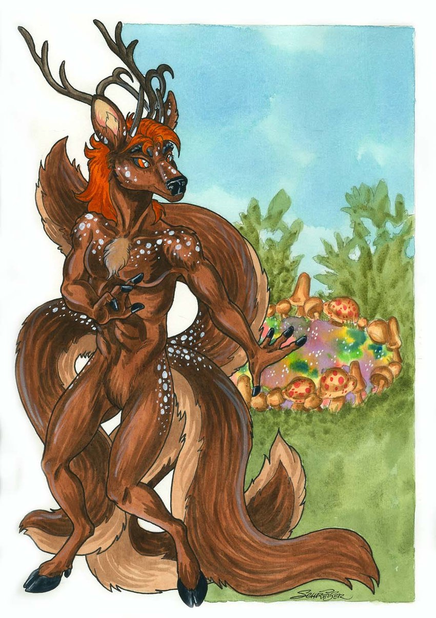 anthro antlers black_sclera brown_body brown_eyes brown_fur fairy_ring featureless_crotch fungus fur hair horn male multi_tail mushroom outside plant pupils red_hair sky solo tail tan_body tan_fur white_body white_fur white_pupils sandy_schreiber deer mammal 2023 hi_res