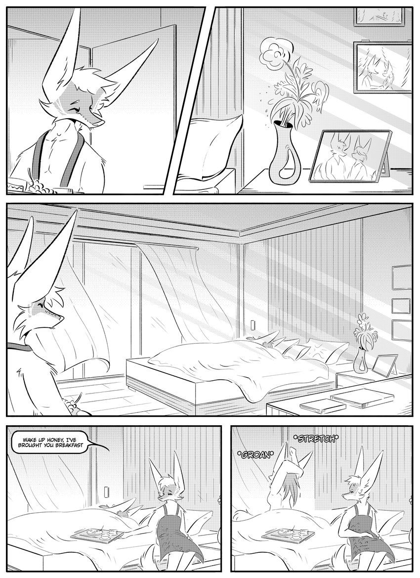 anthro apron apron_only bedroom clothed clothing dialogue duo female flower inner_ear_fluff inside male narrowed_eyes photo plant simple_background sitting speech_bubble text tuft kifyun2 angela_hall ren_yoshida canid canine fox mammal marble_fox red_fox true_fox absurd_res black_and_white comic english_text hi_res monochrome