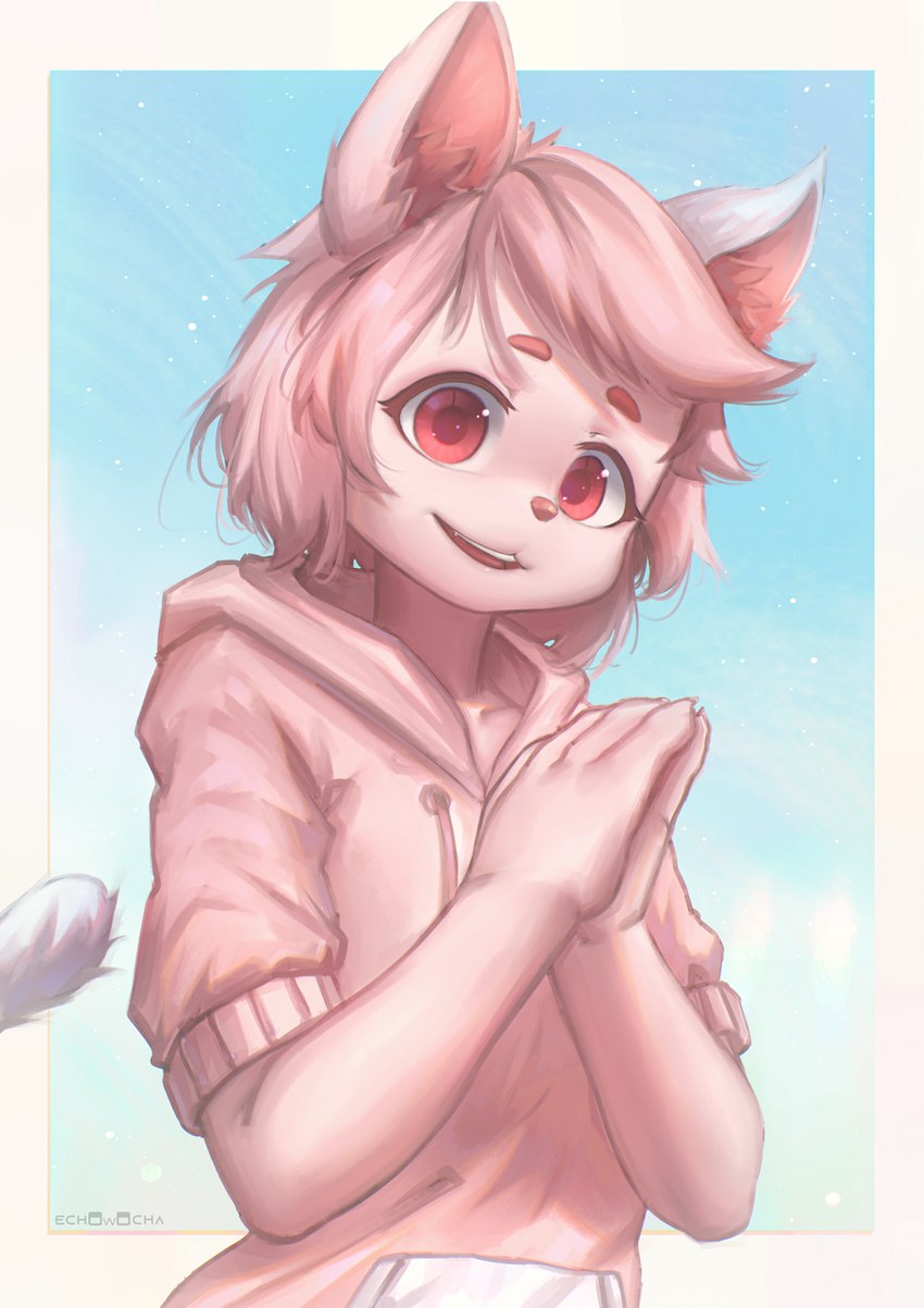 anthro clothed clothing fur hair hoodie looking_at_viewer male open_mouth pink_body pink_eyes pink_fur pink_hair smile solo topwear echowocha felid feline mammal 2022 digital_media_(artwork) digital_painting_(artwork) hi_res