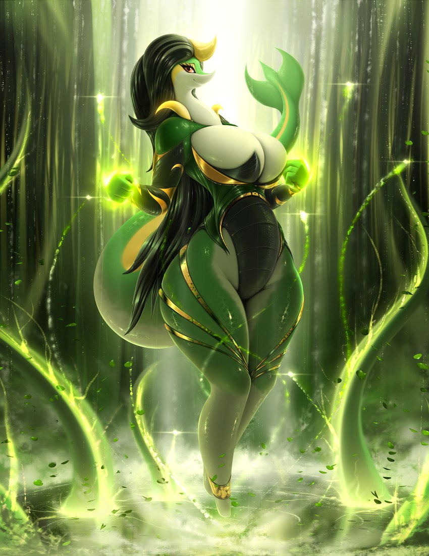 4_fingers anthro big_breasts black_clothing black_hair black_onesie breasts clothed clothed_anthro clothed_female clothing female female_anthro fingers glowing_fists glowing_hands gold_clothing green_body green_legs green_magic green_skin green_tail hair huge_breasts leaf long_hair magic magic_user onesie orange_eyes skimpy solo tail white_body white_skin yellow_body yellow_skin drakonst nintendo pokemon octavia_dreamleaf_(davjo) generation_5_pokemon pokemon_(species) snivy absurd_res hi_res