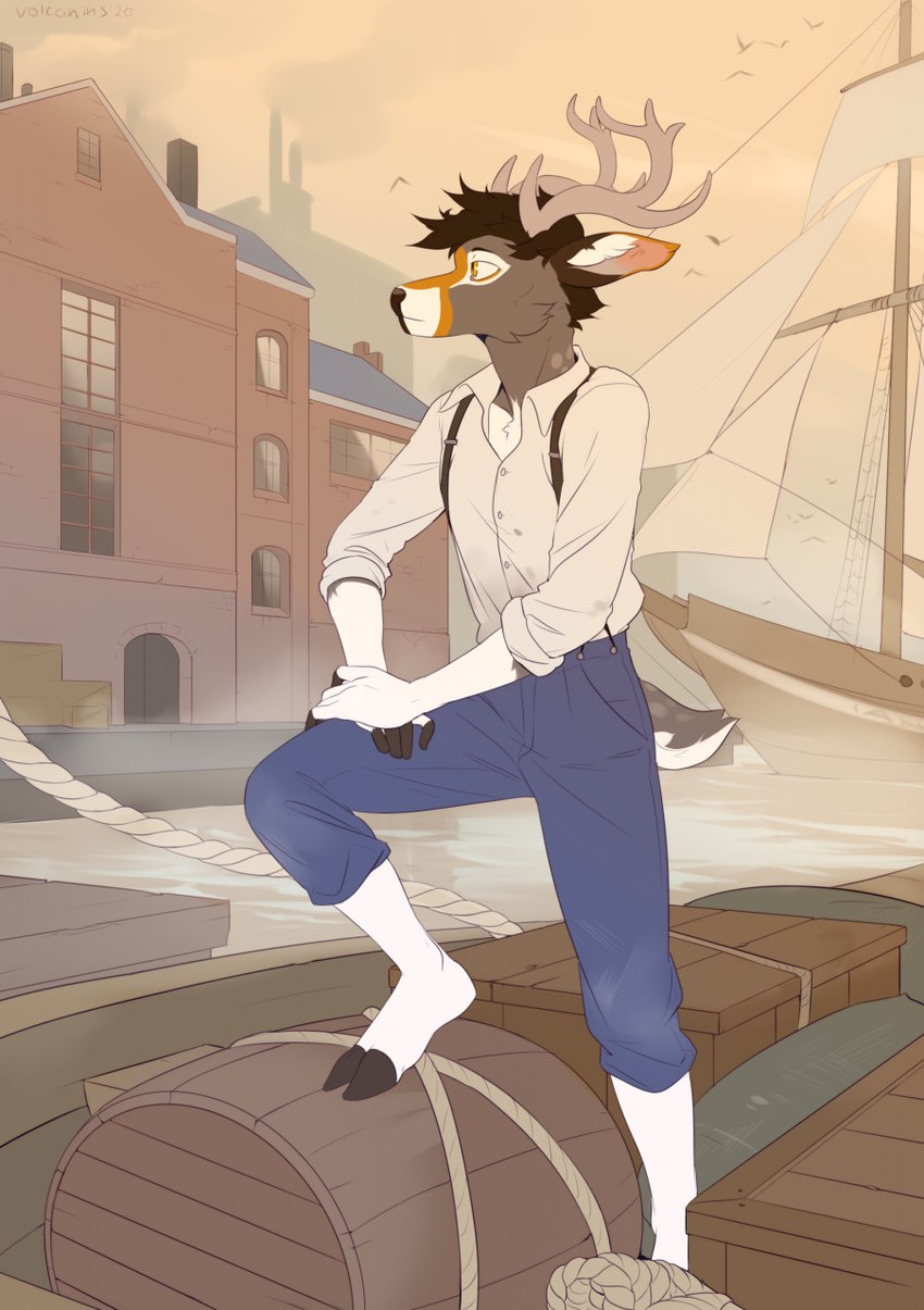 anthro antlers barrel blue_bottomwear blue_clothing blue_pants boat bottomwear box brown_body brown_fur brown_hair cheek_tuft clothed clothing container crate detailed_background facial_markings facial_tuft fingerless_(marking) fully_clothed fur gloves_(marking) hair head_markings hooves horn inner_ear_fluff leg_markings male markings orange_eyes orange_markings outside pants pier rope shirt short_hair socks_(marking) solo spots spotted_body spotted_fur standing suspenders topwear tuft vehicle watercraft white_body white_clothing white_fur white_shirt white_topwear volcanins florian_greywood ambient_bird deer mammal colored digital_media_(artwork) flat_colors full-length_portrait hi_res portrait