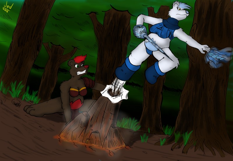 anthro breasts clothed clothing duo earth earth_manipulation elemental_manipulation female forest hair ice in_heat jumping melee_weapon outside planet plant power rapier simple_background sword tree weapon herseio jedader bear mammal polar_bear ursine 2016 hi_res