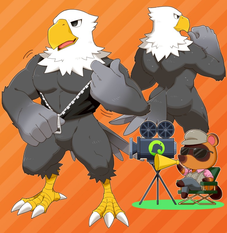 anthro beak bottomless clothed clothing duo eyewear feathers male muscular muscular_male nude sunglasses text kemo_nuko animal_crossing nintendo apollo_(animal_crossing) tom_nook_(animal_crossing) accipitrid accipitriform avian bald_eagle bird canid canine eagle mammal raccoon_dog sea_eagle tanuki hi_res