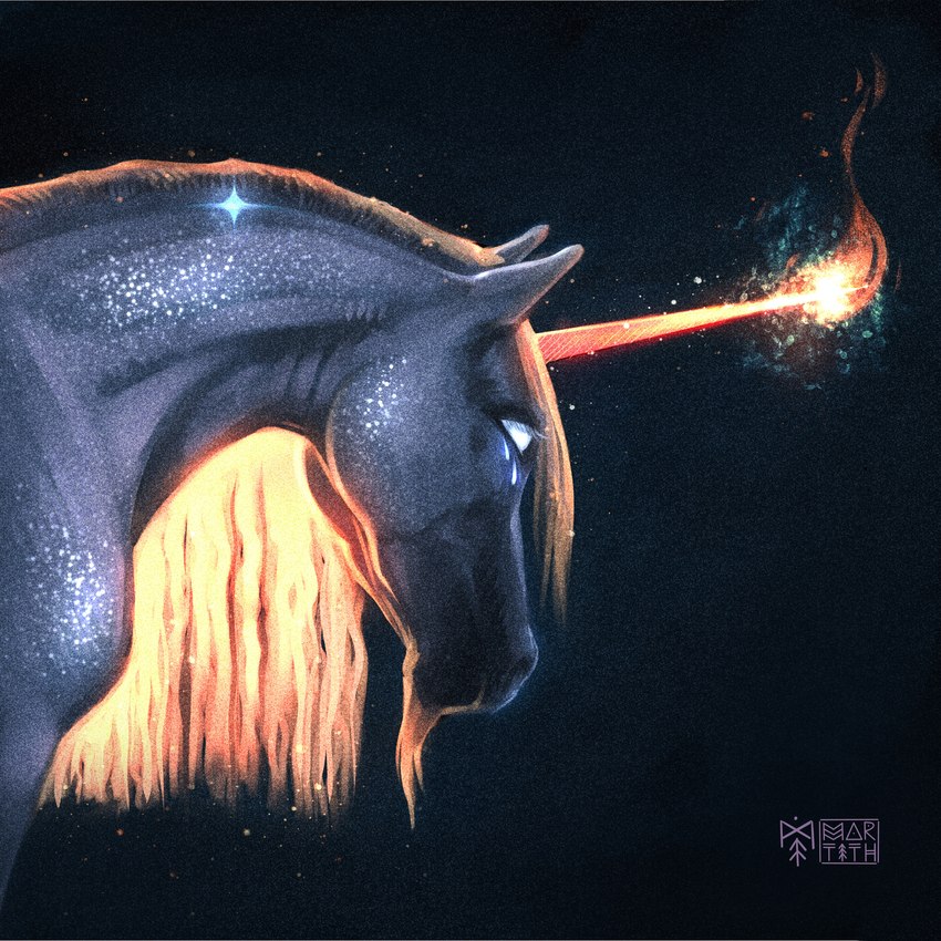 ambiguous_gender black_background blonde_mane blue_eyes feral fur horn light logo magic mane mouth_closed no_pupils side_view simple_background solo sparkles sparkling_character unicorn_horn white_body white_fur martith mythology equid equine mammal mythological_creature mythological_equine unicorn 1:1 2024 artist_logo colored digital_media_(artwork) digital_painting_(artwork) hi_res lighting painting_(artwork) shaded