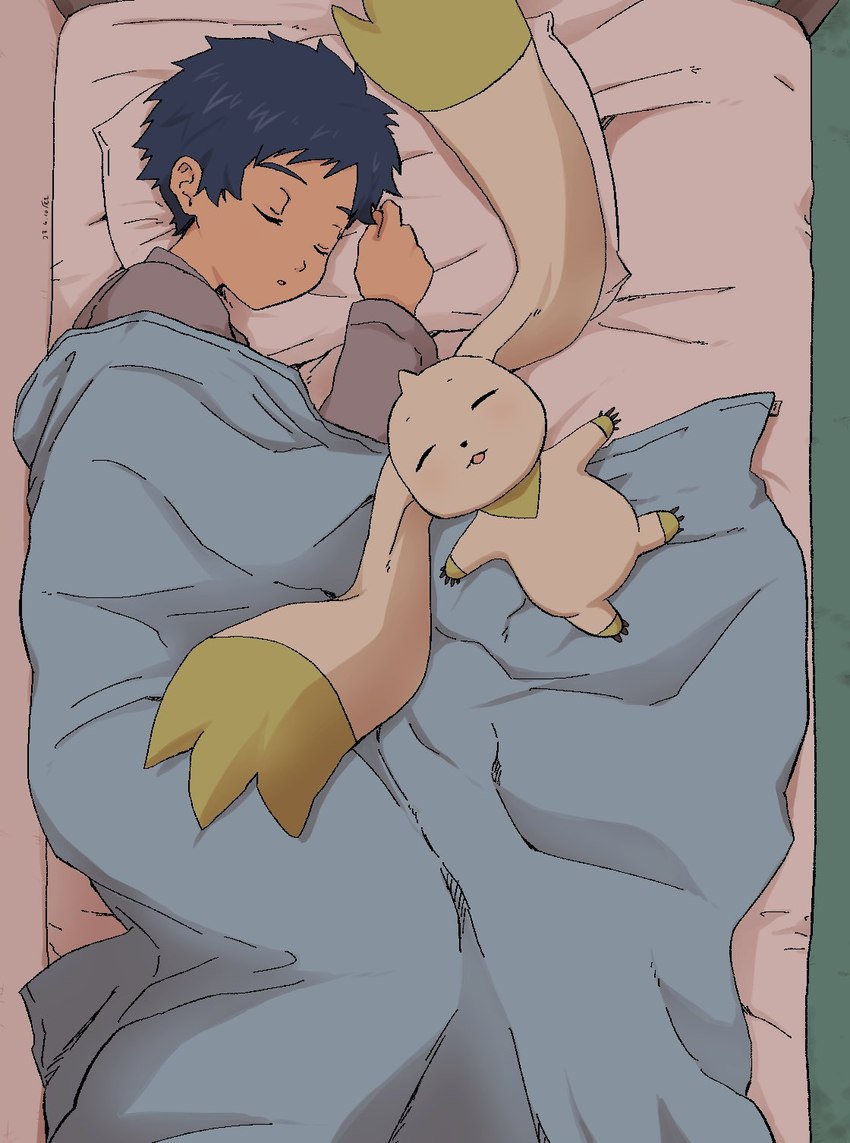 anthro beady_eyes bed bedding blanket blue_hair duo fur furniture hair horn long_ears male sleeping white_body white_fur feng_efu bandai_namco digimon henry_wong digimon_(species) human mammal terriermon hi_res