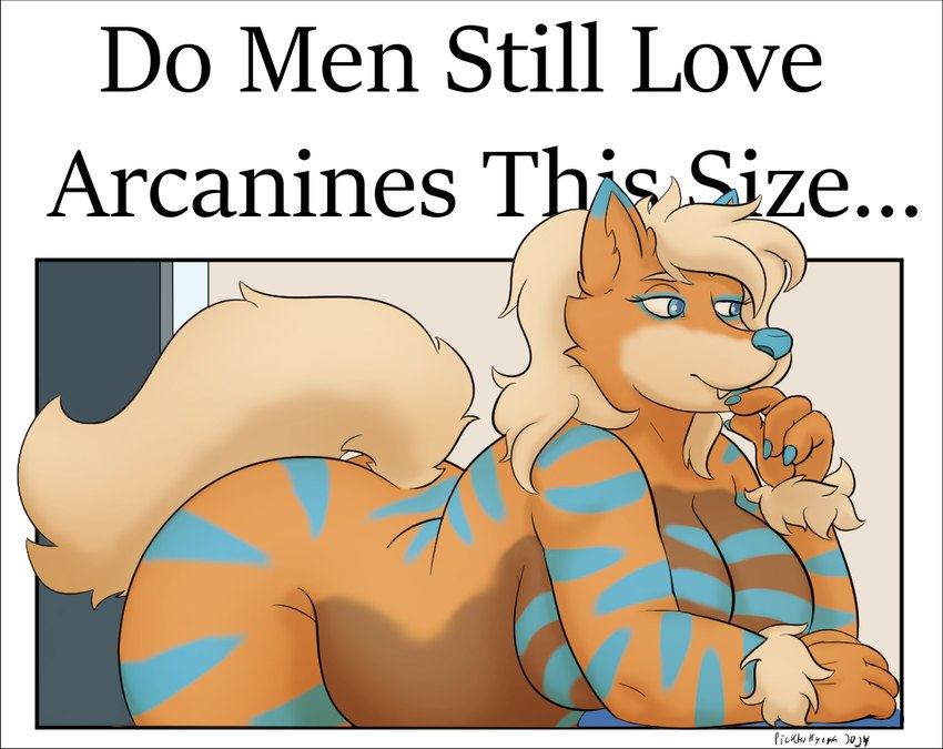 anthro big_breasts blue_stripes breasts butt casual_nudity curvy_figure female nude slightly_chubby slightly_chubby_female solo stripes text pickles-hyena do_men_still_love_women_this_size nintendo pokemon maya_henderson arcanine canid canine generation_1_pokemon mammal pokemon_(species) english_text meme