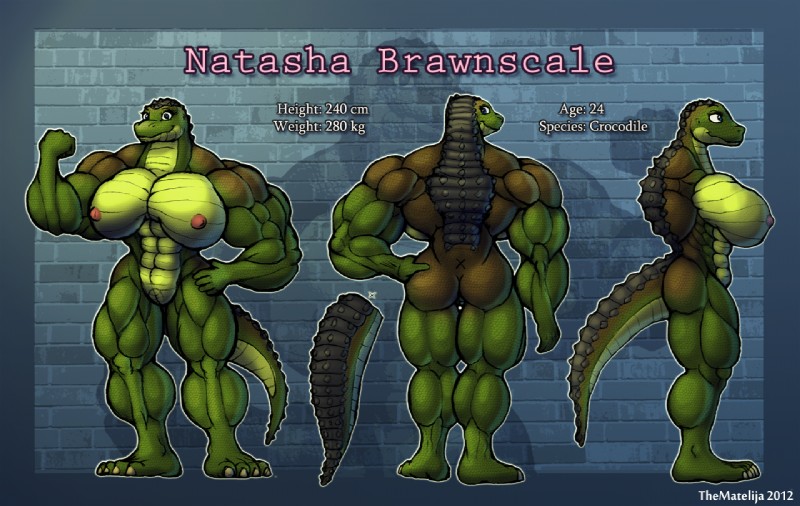 abs anthro biceps big_breasts blue_eyes breasts butt female flexing front_view genitals huge_breasts muscular muscular_anthro muscular_female nipples non-mammal_breasts non-mammal_nipples nude pussy side_view smile solo tail turnaround thematelija crocodile crocodilian reptile scalie 2012 model_sheet