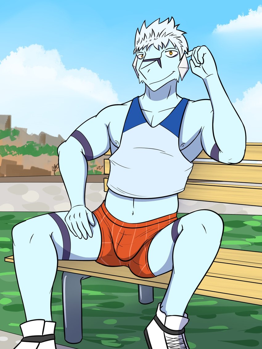 anthro anthrofied bench bottomwear bulge clothing crop_top footwear male midriff navel nipples on_bench outside park_bench pokemorph shirt shoes shorts sitting solo tank_top topwear fuze nintendo pokemon avalugg generation_6_pokemon pokemon_(species) 3:4 hi_res