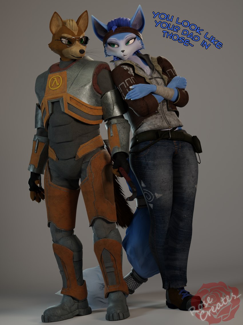 anthro biped blue_body blue_fur blue_hair clothed clothing cosplay crossover_cosplay crowbar duo female fur hair hev_suit holding_crowbar male male/female simple_background smile smirk tail text tools topwear weapon white_body white_fur rosecreates half-life nintendo star_fox valve warfare_machine alyx_vance fox_mccloud gordon_freeman krystal_(star_fox) warfare_fox warfare_krystal canid canine canis fox mammal 3:4 3d_(artwork) absurd_res blender_(artwork) crossover digital_media_(artwork) english_text hi_res