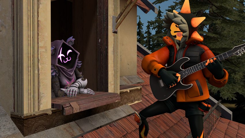 armored_gloves black_guitar clothing duo feathers female forest fur glowing_face glowing_head guitar holidays hoodie jacket light lovers_moment male male/female musical_instrument orange_clothing orange_jacket orange_topwear plant playing_guitar playing_music plucked_string_instrument purple_clothing purple_hoodie purple_topwear rooftop singing smile smiling_at_another smiling_at_partner string_instrument sunlight topwear tree window 5naptrap epic_games fortnite fortnite:_battle_royale patreon valentine's_day raven_team_leader sunspot_(fortnite) animal_humanoid animate_inanimate bear humanoid living_planet mammal mammal_humanoid ursid_humanoid ursine 16:9 3d_(artwork) digital_media_(artwork) hi_res source_filmmaker_(artwork) widescreen