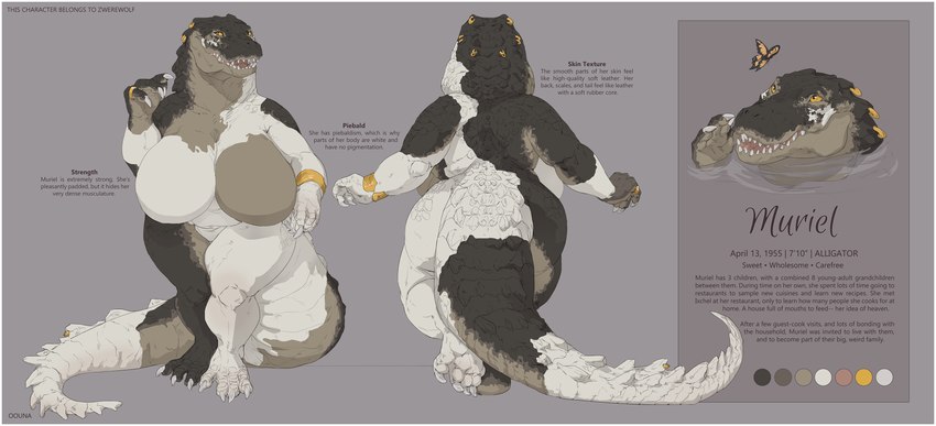 anthro big_breasts biped border breasts claws color_swatch featureless_breasts female huge_breasts mottled non-mammal_breasts piebald solo tail text white_border conditional_dnp oouna muriel_(zwerewolf) alligator alligatorid crocodilian reptile scalie absurd_res english_text hi_res model_sheet