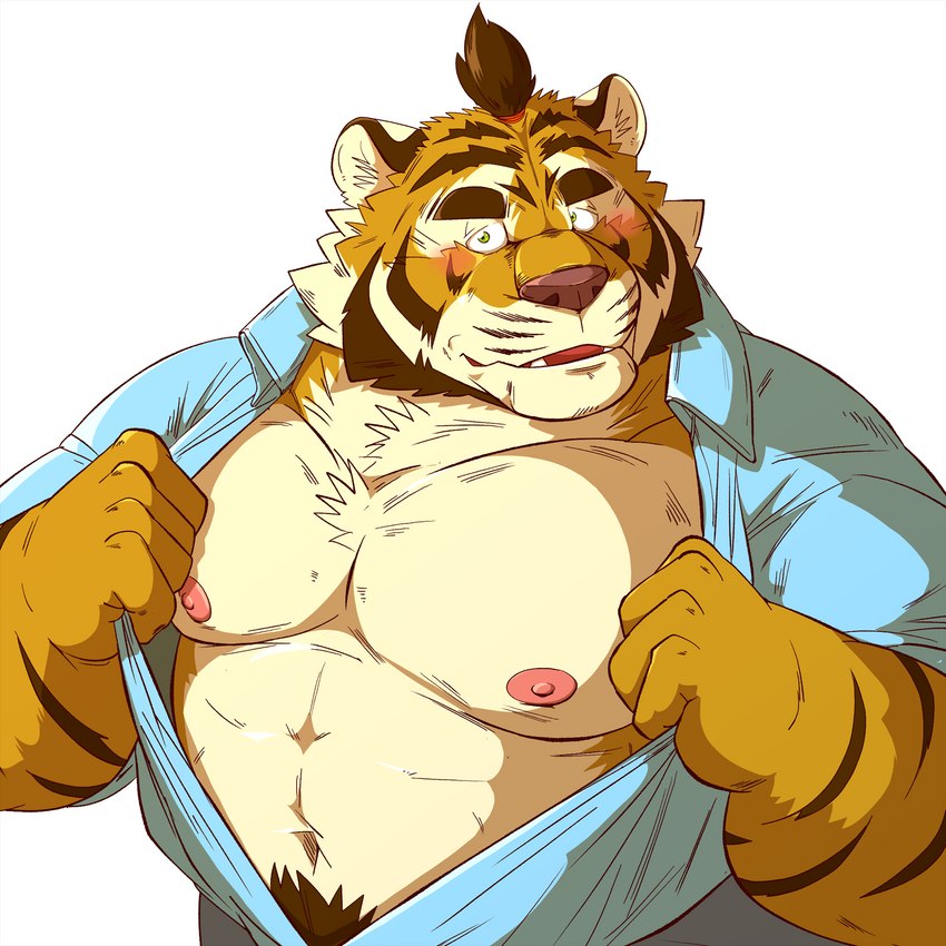 anthro blush clothed clothing humanoid_hands kemono male musclegut muscular nipples open_clothing open_shirt open_topwear shirt solo topwear raichoclub felid mammal pantherine tiger 1:1 2022 hi_res portrait