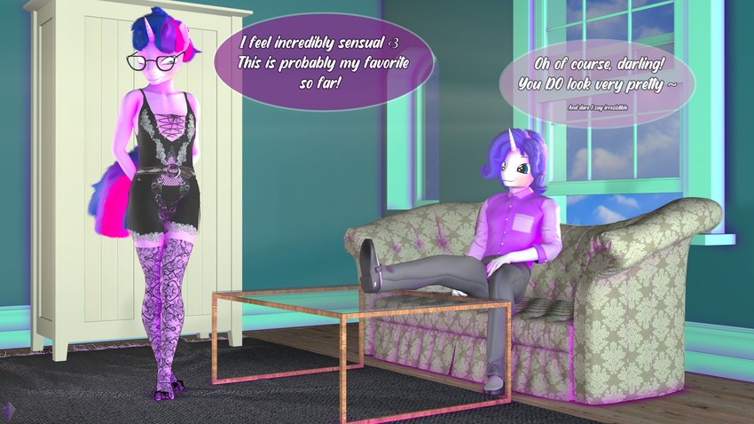 anthro blue_eyes blush bottomwear clothed clothing coffee_table crossdressing crossgender dialogue duo eyewear footwear ftm_crossgender glass_table glasses hair horn legwear male nightgown pants purple_body purple_eyes purple_hair purple_tail shoes stockings tail text white_body window unie friendship_is_magic hasbro my_little_pony mythology rarity_(mlp) twilight_sparkle_(mlp) equid equine mammal mythological_creature mythological_equine unicorn 16:9 3d_(artwork) 4k absurd_res digital_media_(artwork) english_text hi_res widescreen