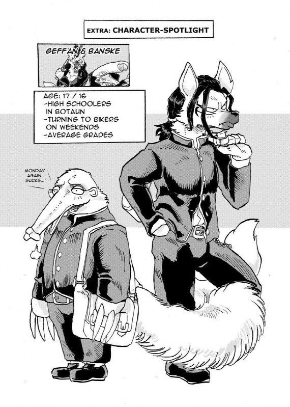 anthro baseball_bat bat_(object) dialogue duo ellipsis fur hair highschool_uniform long_snout male snout text toupee daigaijin furryfight_chronicles banske geffen anteater hyena mammal pilosan striped_hyena xenarthran english_text hi_res monochrome