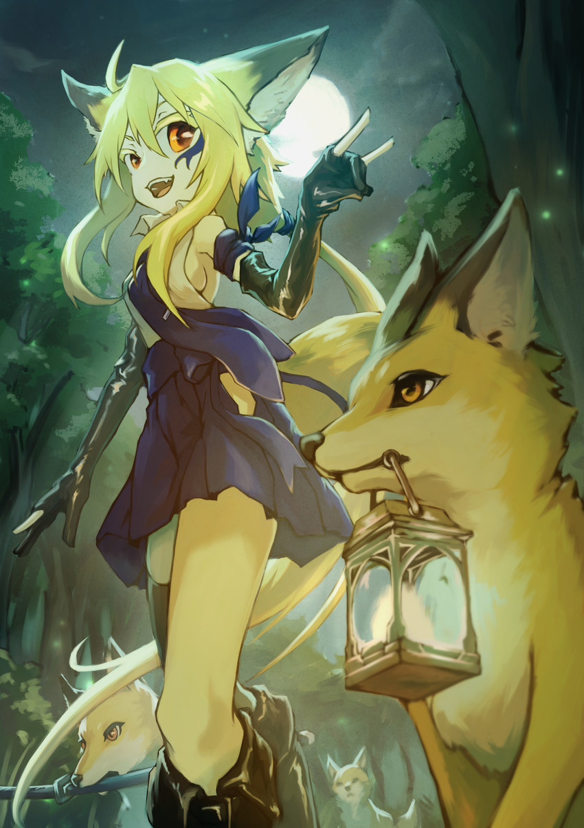 ambiguous_gender clothing detailed_background dress female feral forest fur gloves group handwear lamp low-angle_view melee_weapon moon night open_mouth plant smile tree weapon shizumi_tsubasa animal_humanoid canid canid_humanoid canine canine_humanoid fox fox_humanoid humanoid mammal mammal_humanoid 2020 absurd_res hi_res