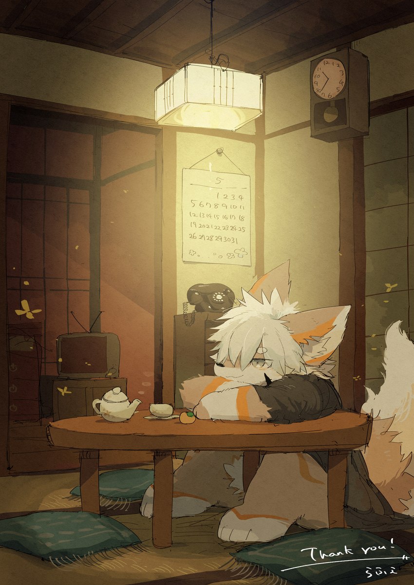 anthro asian_clothing beverage biped black_nose calendar clock clothed clothing container cup detailed_background dipstick_tail east_asian_clothing electronics fluffy fluffy_tail fur furniture gloves_(marking) grey_eyes hair hair_over_eye inner_ear_fluff inside japanese japanese_clothing kemono lamp leg_markings male male_anthro markings may_(month) monotone_hair multicolored_body multicolored_ears multicolored_fur multicolored_tail one_eye_obstructed orange_body orange_ears orange_fur phone pillow pupils short_hair sitting socks_(marking) solo table tail tail_markings tan_body tan_ears tan_fur tan_tail tea tea_cup teapot television tuft two_tone_tail wall_clock white_body white_fur white_hair white_inner_ear white_inner_ear_fluff white_tail white_tail_tip yukata raferafe canid canine canis mammal wolf 2023 absurd_res colored digital_media_(artwork) hi_res shaded warm_colors