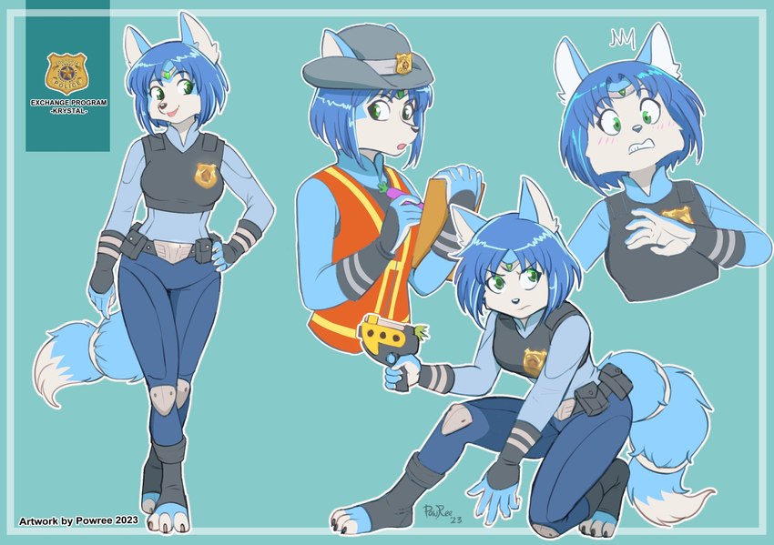 accessory action_pose anthro bad_trigger_discipline belt blue_body blue_fur blue_hair blush breasts circlet claws clipboard clothed clothing cosplay crossover_cosplay dipstick_tail eyebrows eyelashes feet female footwear fully_clothed fur furgonomics green_eyes hair hand_on_hip hat headgear headwear holding_object knee_pads kneeling looking_at_viewer markings medium_breasts multiple_poses on_one_knee open_mouth open_smile police police_badge police_uniform pose short_hair smile solo tail tail_accessory tail_markings tailband toe_claws toeless_footwear uniform white_body white_fur writing_text powree disney nintendo star_fox zootopia judy_hopps krystal_(star_fox) canid canine fox mammal 2023 crossover hi_res