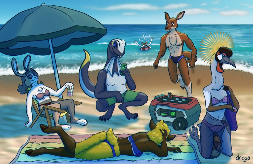 anthro beach beach_chair beach_towel beverage bikini chair clothed clothing cloud cooler electronics eyewear female furniture group horizon inflatable inner_tube lying male on_front panicking phone purse relaxing running sand sea seaside smile speedo speedo_only sunglasses swimming_trunks swimwear topless towel two-piece_swimsuit umbrella water yelling dregadude aurelie_spellmire_(character) elaine_greaves_(character) lucas_palmer_(character) naomi_mayeda_(character) olivia_coniglia_(character) agamid avian bird bovid caprine crane_(bird) crowned_crane domestic_cat felid feline felis frilled_lizard grey_crowned_crane gruiform kangaroo lagomorph leporid lizard macropod mammal marsupial rabbit reptile scalie sheep