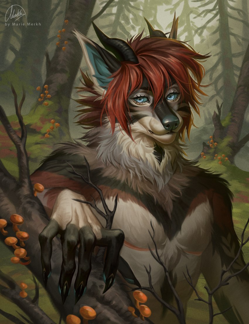 anthro arm_tuft black_body black_claws black_fur black_horn blue_eyes blue_sclera brown_body brown_fur cheek_tuft claws eyelashes facial_tuft finger_claws fungus fur glistening glistening_eyes hair horn looking_at_viewer male moss mouth_closed multicolored_body multicolored_fur mushroom neck_tuft outside plant red_body red_fur red_hair shoulder_tuft solo tree tuft white_body white_fur marie_merkh canid canine canis hybrid mammal wolf hi_res