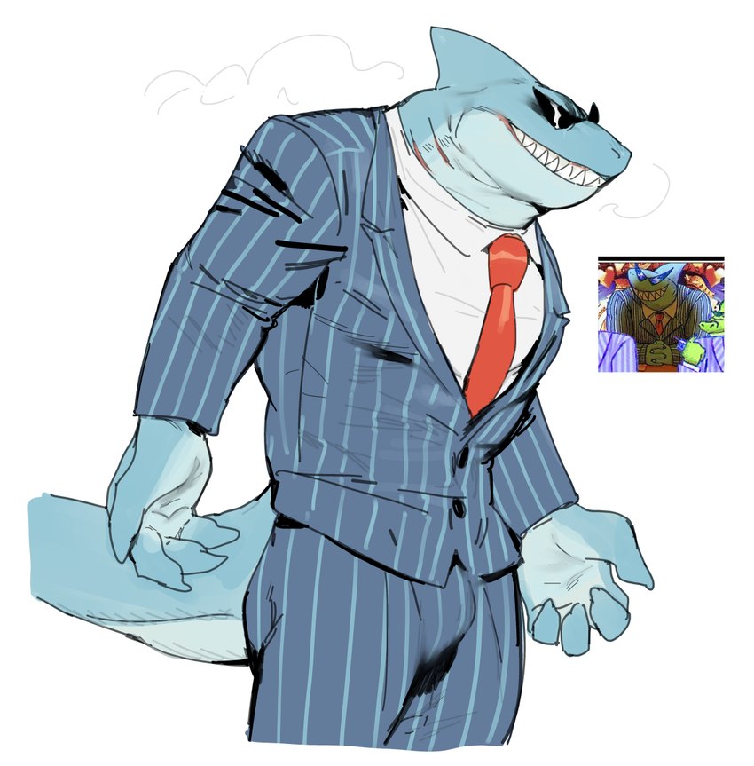 anthro biped blue_body claws clothing eyewear finger_claws gills grey_clothing grey_suit male multicolored_body necktie pinstripe_pants pinstripe_suit pinstripes red_necktie sharp_teeth shirt simple_background solo suit sunglasses teeth topwear two_tone_body white_background white_clothing white_shirt white_topwear bebebebebe omori_(game) mr._jawsum fish marine shark 2023 digital_media_(artwork) hi_res