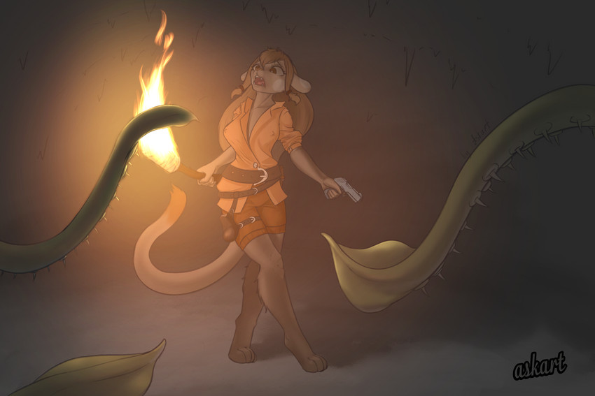 adventure anthro brown_body brown_eyes cave cloth clothed clothing dark female fire gun long_ears nipple_outline nipples open_mouth paws pigtails ranged_weapon scared solo spikes tentacles torch weapon askart a_story_with_a_known_end rosie_severens 3:2 hi_res