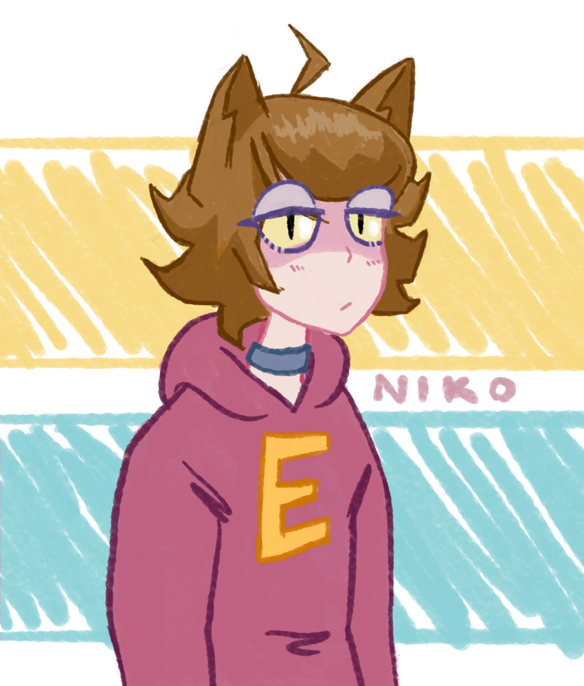 brown_hair choker clothed clothing emotionless femboy hair hoodie jewelry male necklace short_hair simple_background slim solo text text_on_clothing text_on_hoodie text_on_topwear topwear yellow_eyes catlad niko_(catlad) animal_humanoid cat_humanoid felid felid_humanoid feline feline_humanoid humanoid mammal mammal_humanoid hi_res