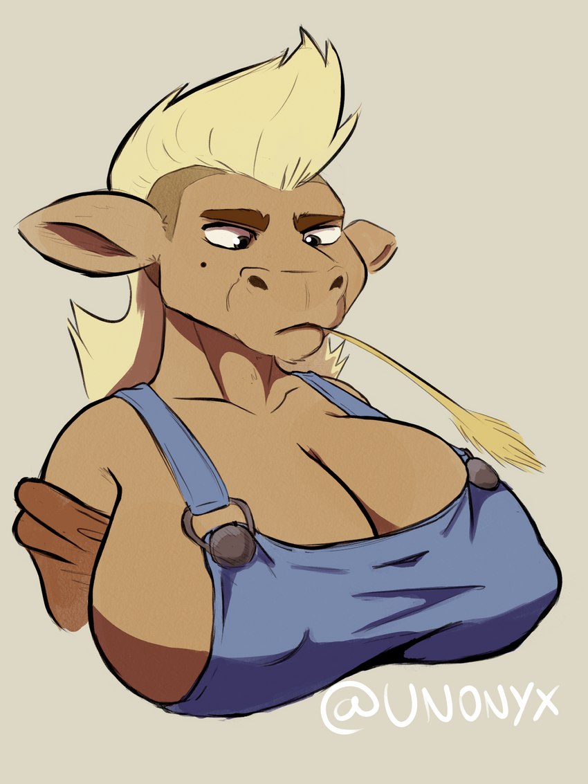 anthro big_breasts blonde_hair breasts brown_body clothing farm female frown hair huge_breasts looking_down mohawk overalls solo tomboy unonyx bovid bovine cattle mammal 3:4 absurd_res hi_res