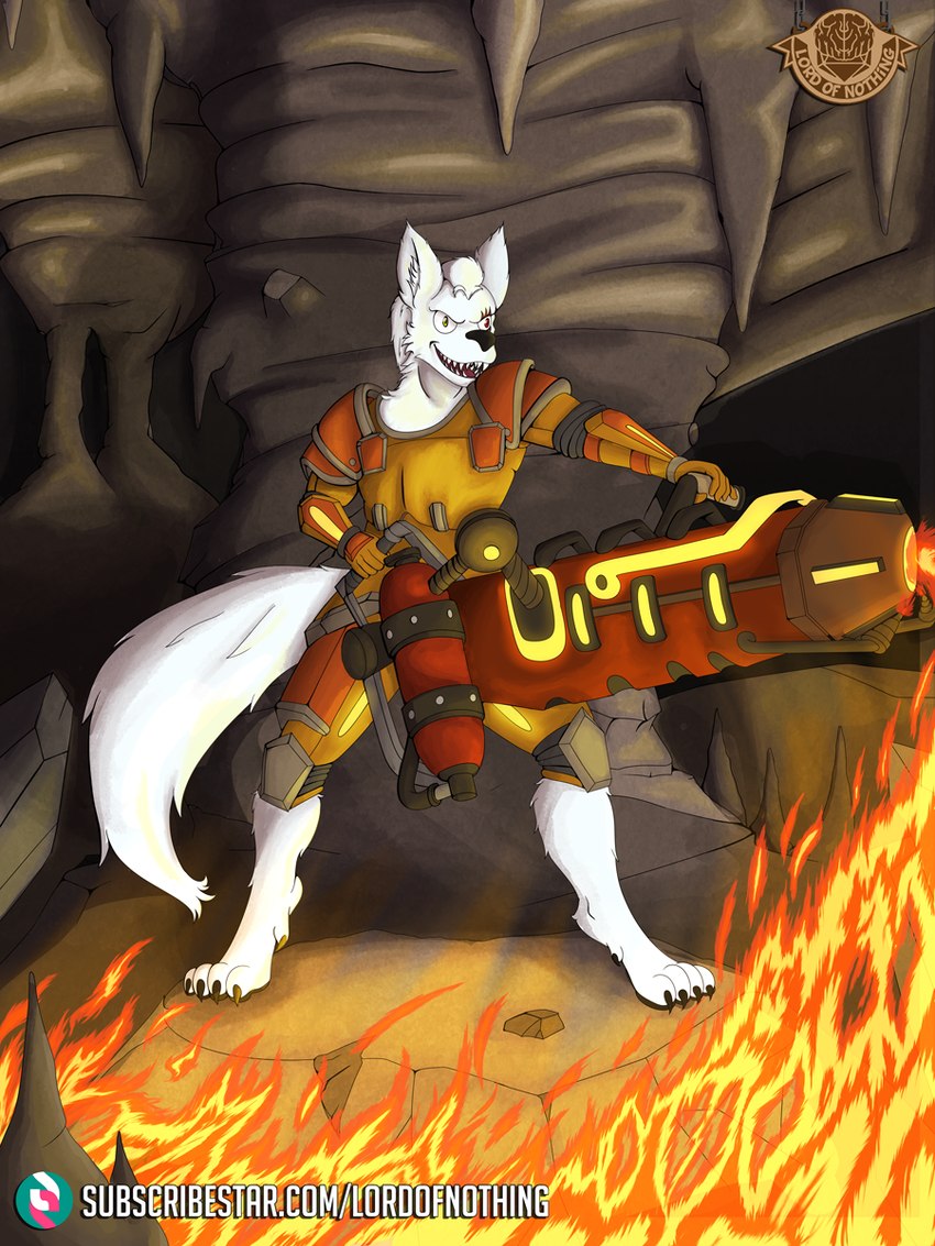 anthro armor cave digitigrade ear_tuft eye_scar facial_scar flamethrower front_view fur glowing glowing_armor hair heterochromia hoxxes_iv_(planet) male ranged_weapon scar solo stalactite stalagmite standing tuft weapon white_body white_fur white_hair lordofnothin1 deep_rock_galactic ghost_ship_games mythology skoll_wolf canid canine canis mammal mythological_canine mythological_creature werecanid werecanine werecreature werewolf wolf 3:4 hi_res