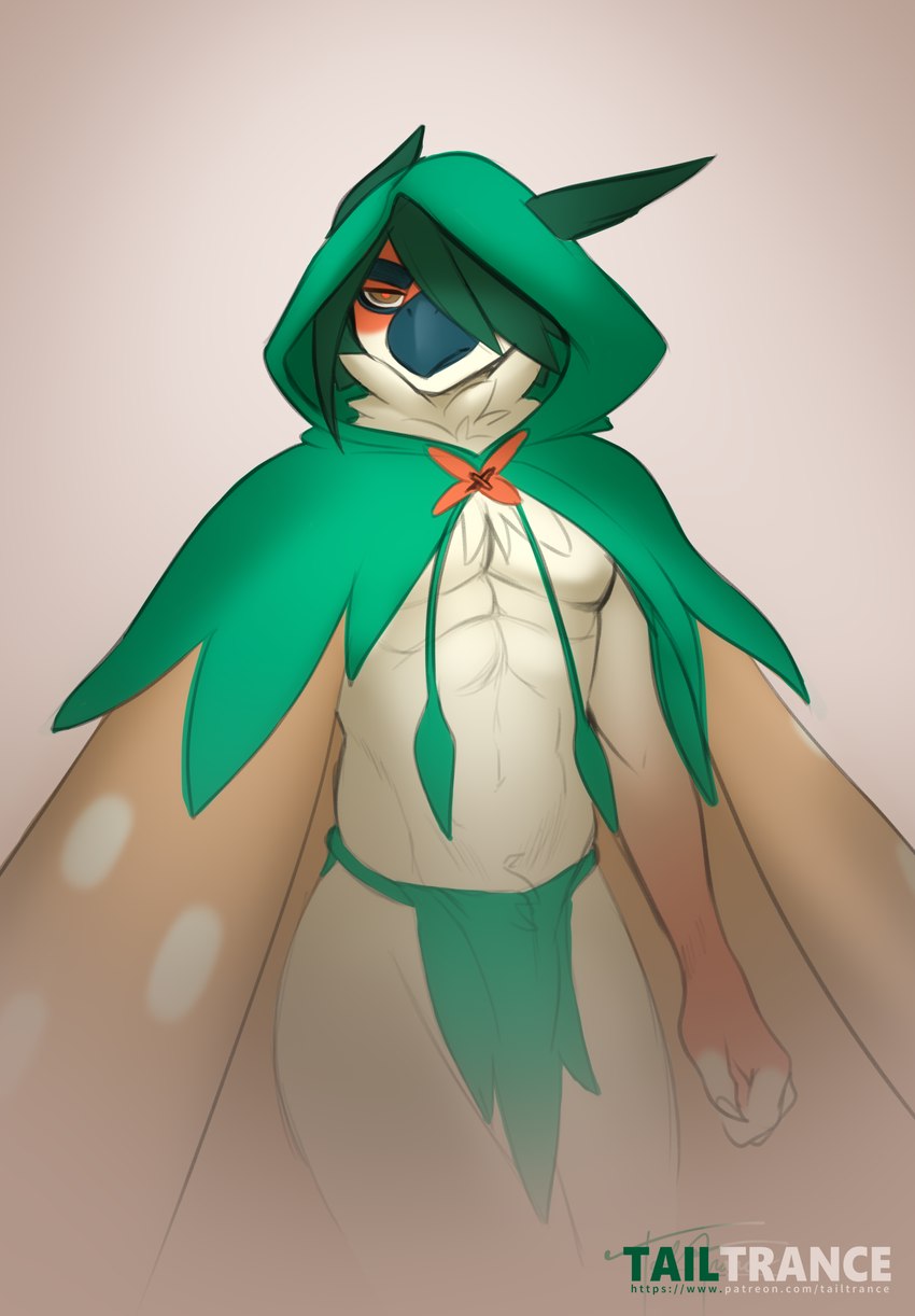 anthro bottomwear clothed clothing hood loincloth male muscular solo topless topless_male tailtrance nintendo pokemon avian bird decidueye generation_7_pokemon pokemon_(species) hi_res