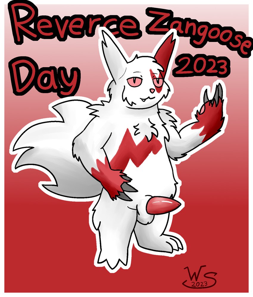 animal_genitalia anthro genitals male simple_background solo text winter_sunshine nintendo pokemon pokemon-specific_day reverse_zangoose_day generation_3_pokemon pokemon_(species) zangoose english_text hi_res shaded simple_shading