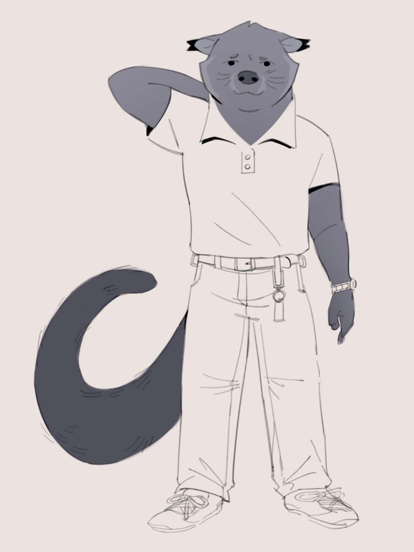 anthro athletic athletic_anthro athletic_male biped black_eyes clothing fur grey_body grey_fur looking_at_viewer male shirt solo standing topwear white_clothing white_shirt white_topwear evamuvon novumave_(character) binturong mammal viverrid 2024 hi_res