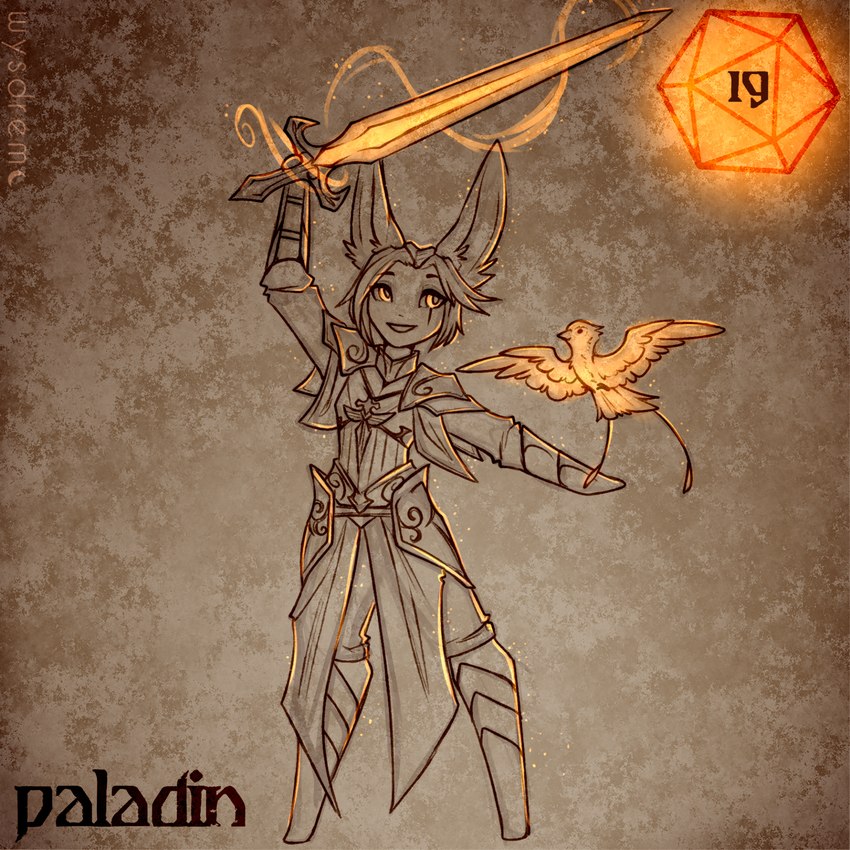 ambiguous_gender anthro armor armor_plates body_armor d20 dice duo ears_back eye_scar facial_scar feral front_view glowing glowing_sword holding_melee_weapon holding_object holding_sword holding_weapon holidays melee_weapon open_mouth orange_glow paladin pivoted_ears scar smile standing sword weapon wysdrem halloween avian mammal unknown_species 1:1 2024 digital_media_(artwork) full-length_portrait hi_res portrait